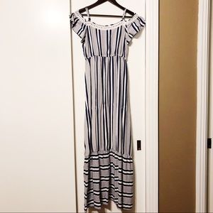 Navy + White Striped Off Shoulder Maxi Dress